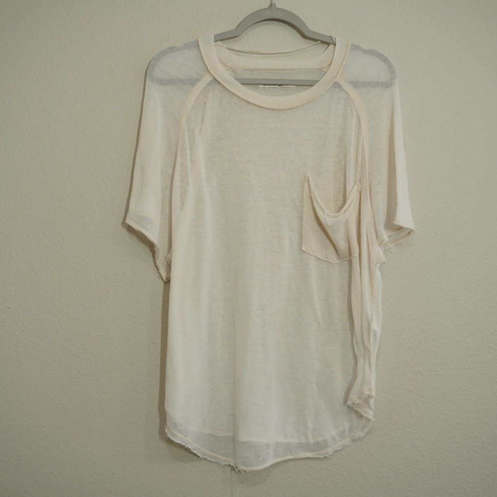 We The Free Oversized Size Small Ivory Sheer Short Sleeve Raw Hem Distressed